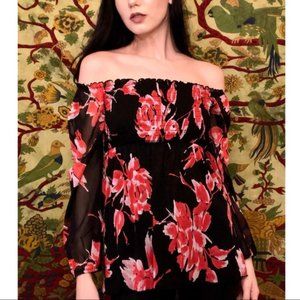 INC Black & Pink Floral Off The Shoulder Blouse
